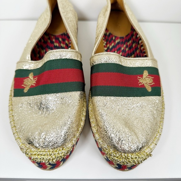 Gucci Metallic Gold Crinkled Leather Web Pilar Bee Espadrilles Flats 7 - Picture 4 of 10